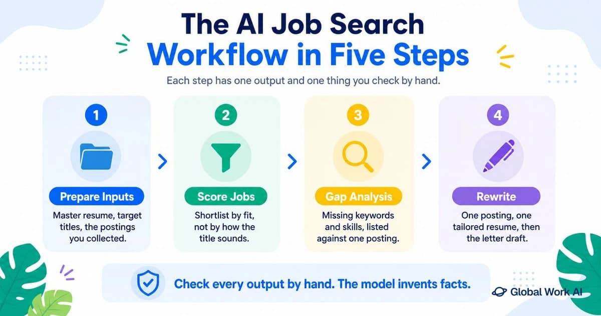 The five-step AI job search workflow from prepared inputs to a tailored resume
