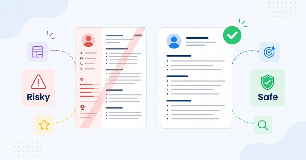 Two resume drafts side by side: a two-column template with icons marked as risky, and a single-column ATS-friendly rebuild.