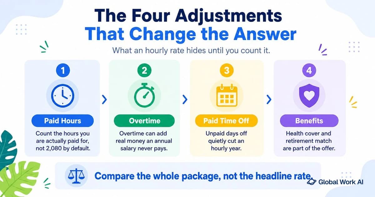 Four adjustments that change an hourly-to-salary conversion: paid hours, overtime, paid time off and benefits
