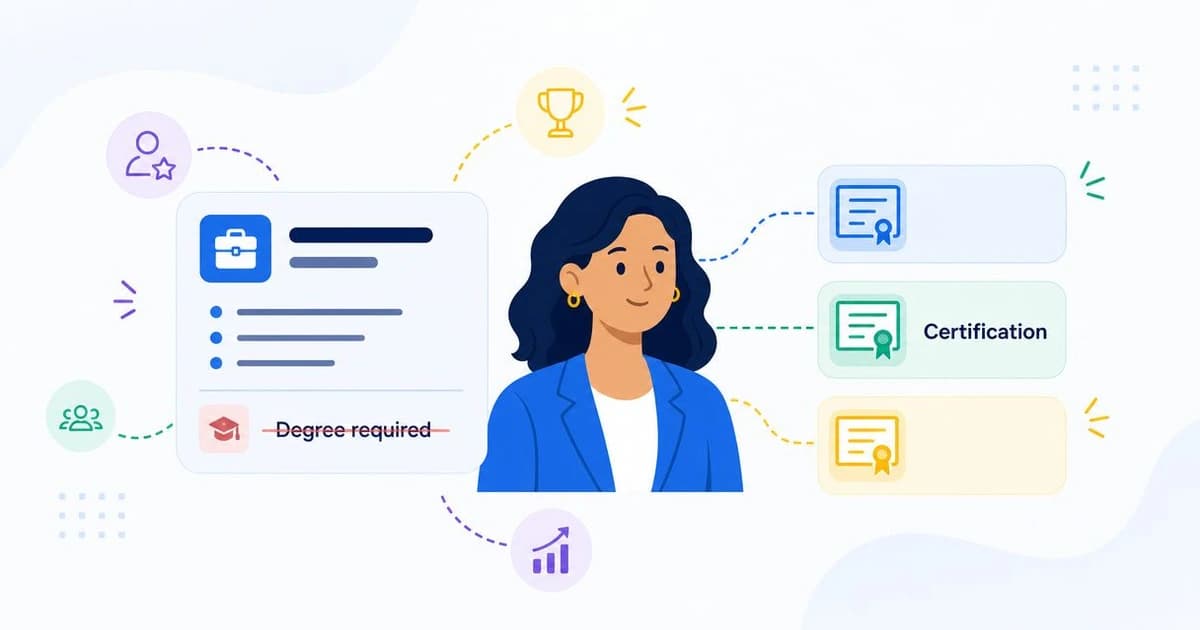 Job seeker comparing the education requirements in a job posting with a list of certifications and skills on a notepad