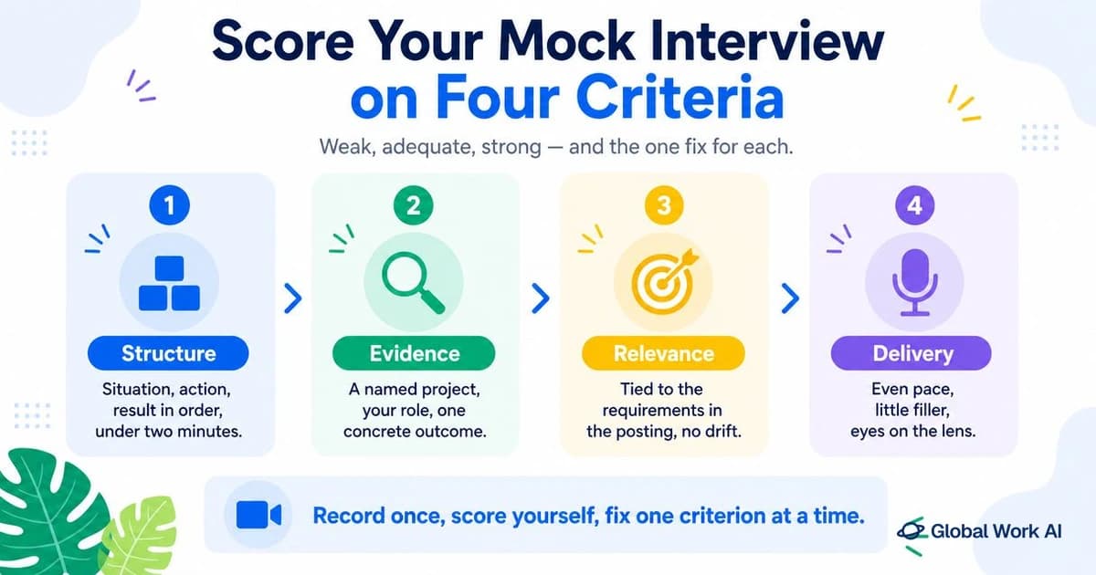 Mock interview scoring rubric with four criteria: structure, evidence, relevance and delivery