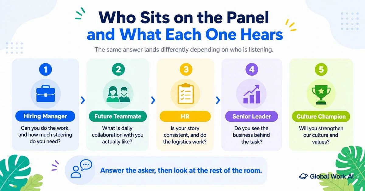 Who sits on an interview panel and what the hiring manager, teammate, HR and leader listen for