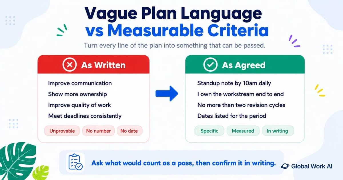 Vague performance improvement plan wording rewritten as measurable, provable criteria