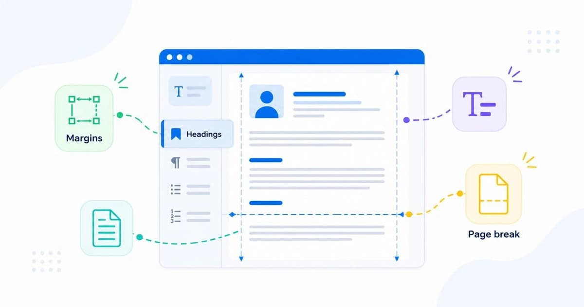 A resume open in a Google Docs window with margins, heading styles, and a page break marked