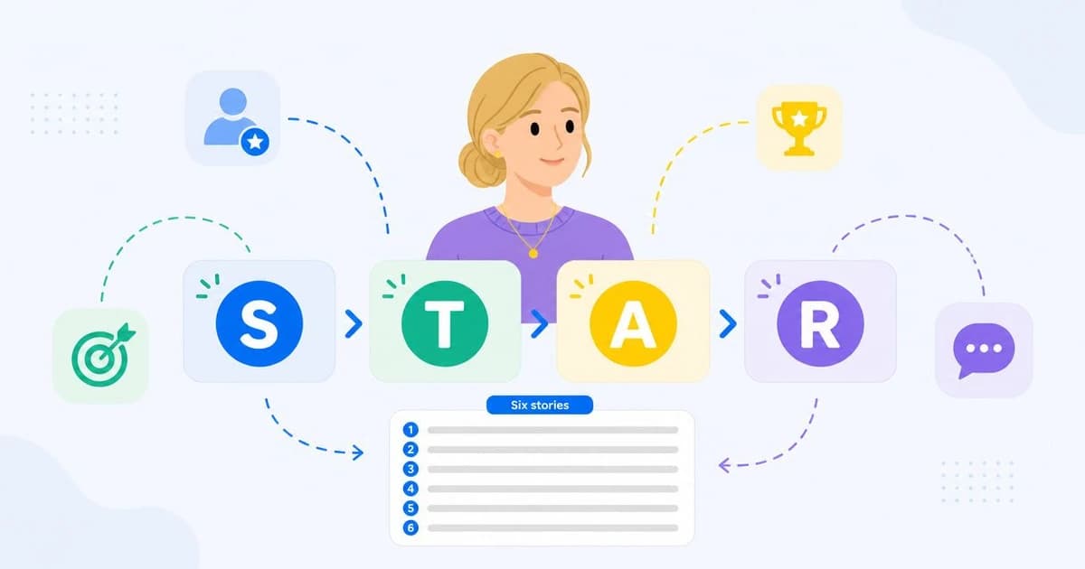 Job seeker filling in a STAR worksheet with six story titles and a question map before a behavioral interview