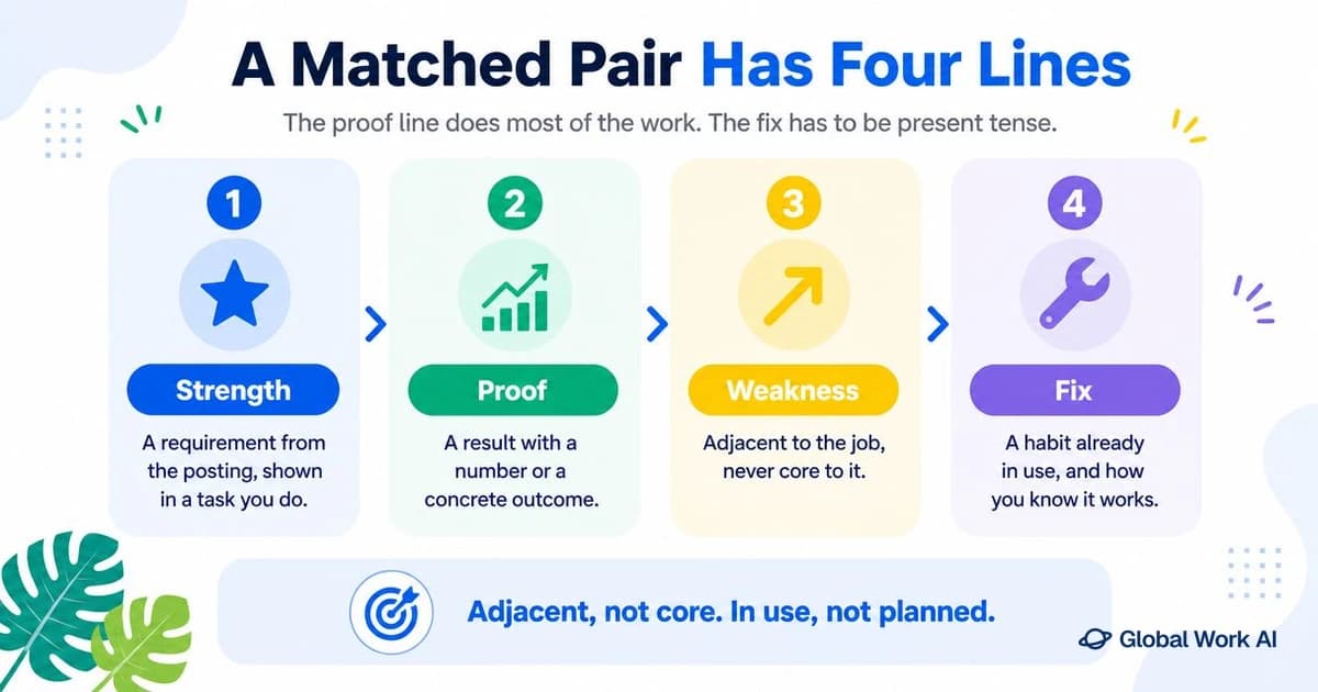 The four lines of a matched strength and weakness pair: strength, proof, weakness and fix