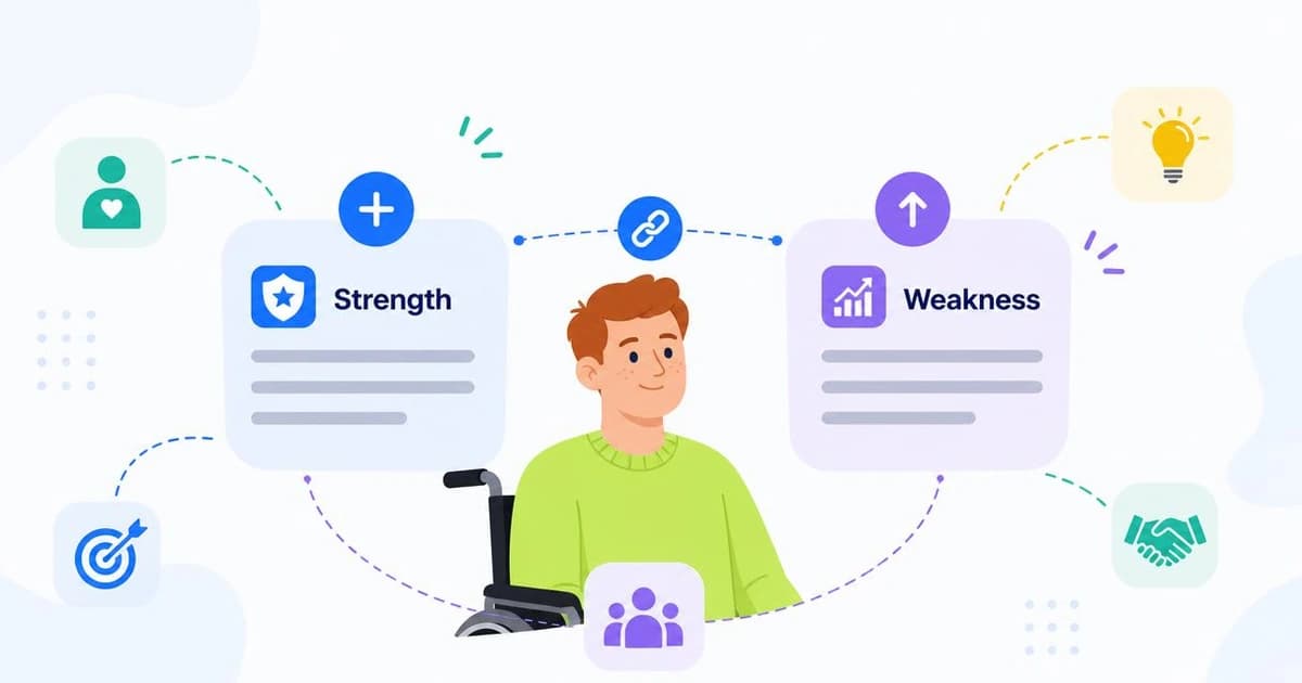 Table of matched strength and weakness pairs sorted by job type, laid out for interview preparation