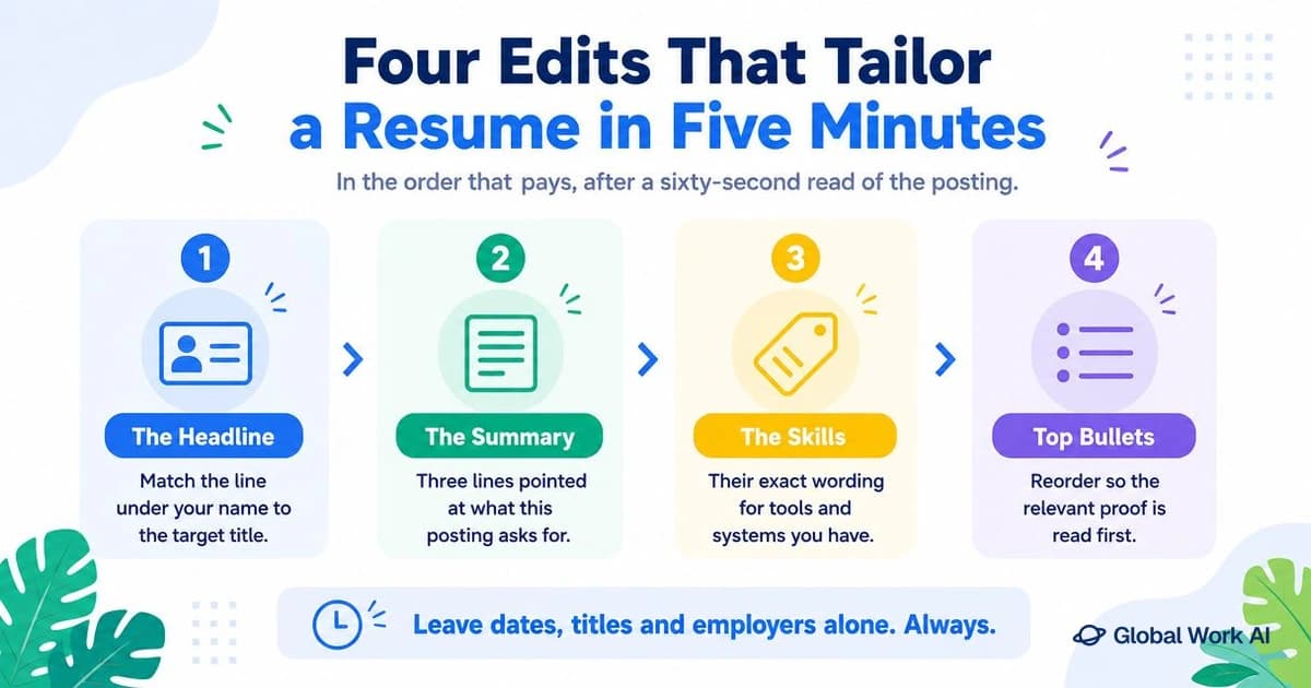 Four edits that tailor a resume to a job description: headline, summary, skills and bullets