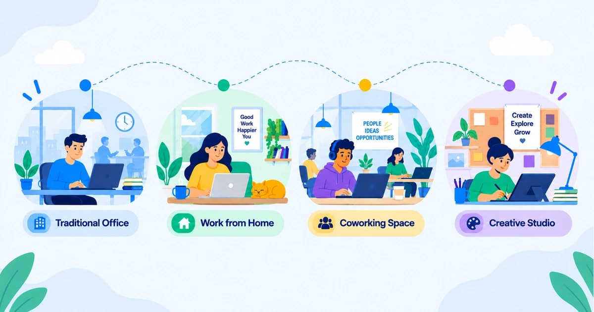 Types of work environments compared, from open office to home desk